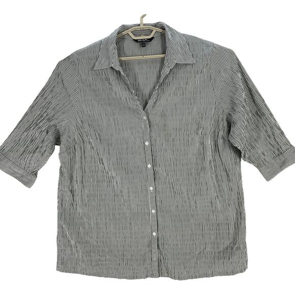 ULLA JOHNSON Button Up Shirt Top Women Plus 24 Gray White Striped Short Sleeves - Picture 1 of 7